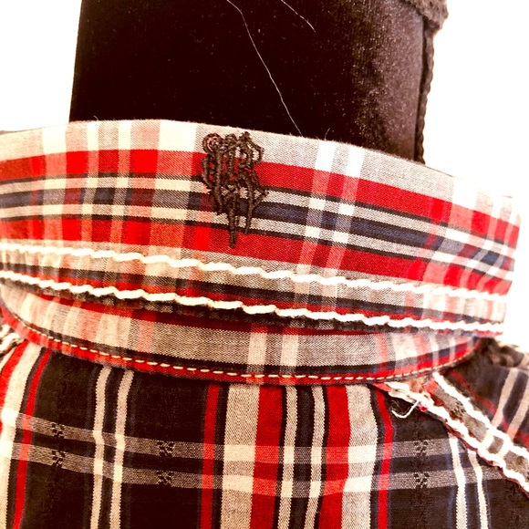 Men's Roar Enough Excuses L Button Down Red Checkered Long Sleeve Shirt - Picture 4 of 12